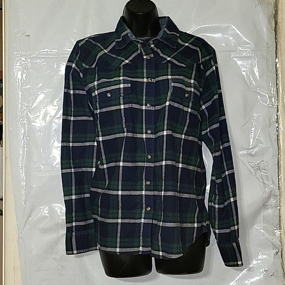 JACH'S‎ GIRLFRIEND Plaid Western Shirt Flannel Button Up Green Blue Size Unknown